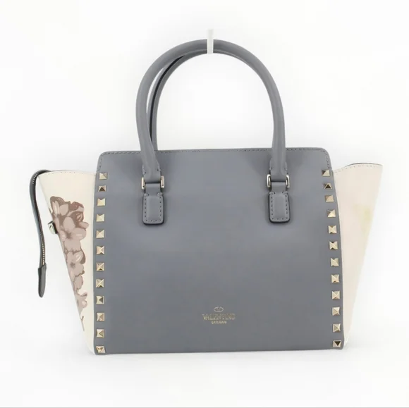 Valentino Garavani Floral Rockstud Crossbody 2way Tote Bag Gray Cream Leather - Picture 2 of 10